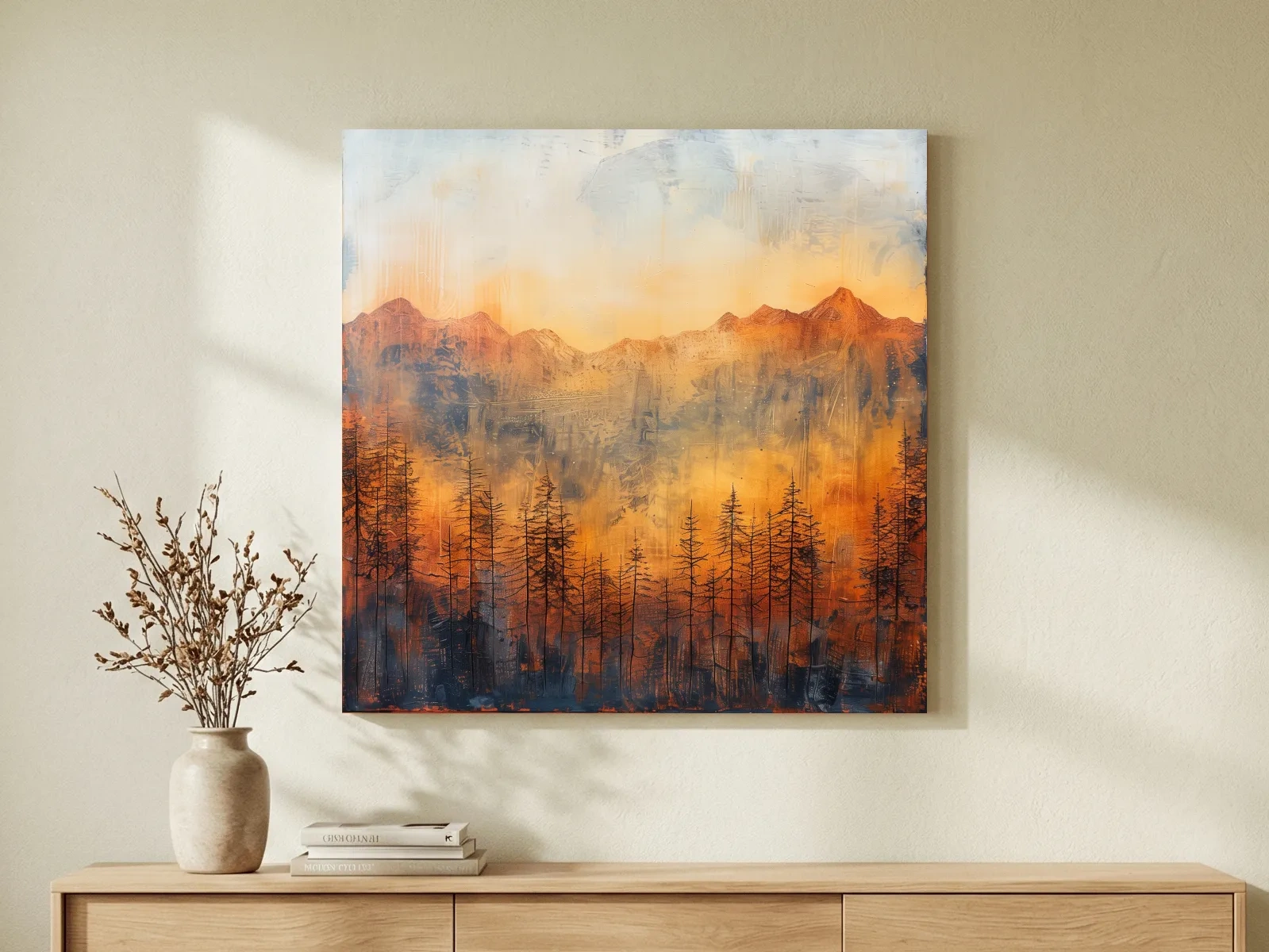 Moody Abstract Mountain Sunrise With Silhouetted Pine Forest - Textured Landscape Painting