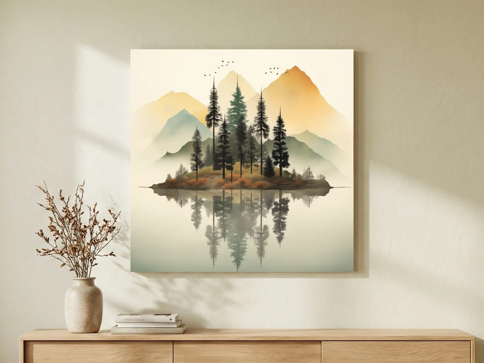 Misty Pine Forest Island Reflection - Minimalist Mountain Lake Wall Art