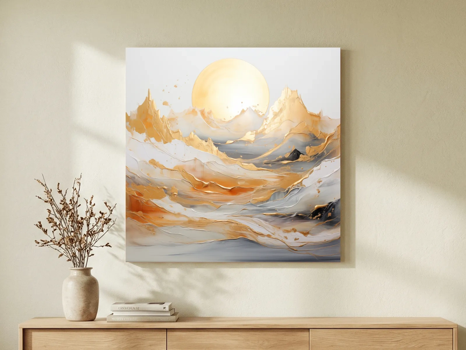 Gold leaf style painting of a mountain landscape