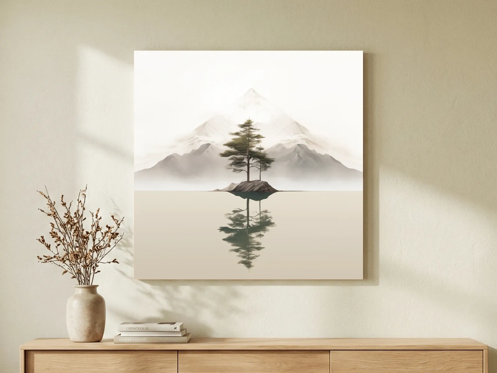Minimalist Misty Lake Landscape Artwork - Serene Zen Pine Tree Reflection Art