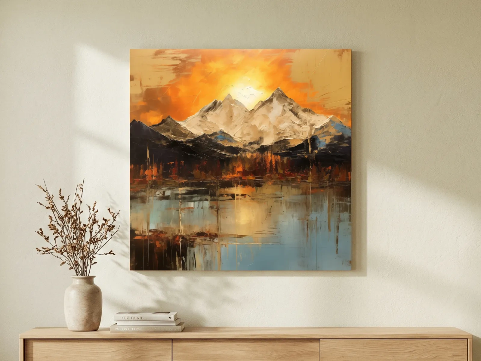 Abstract Mountain Lake Sunset - Textured Effect Alpine Wall Art