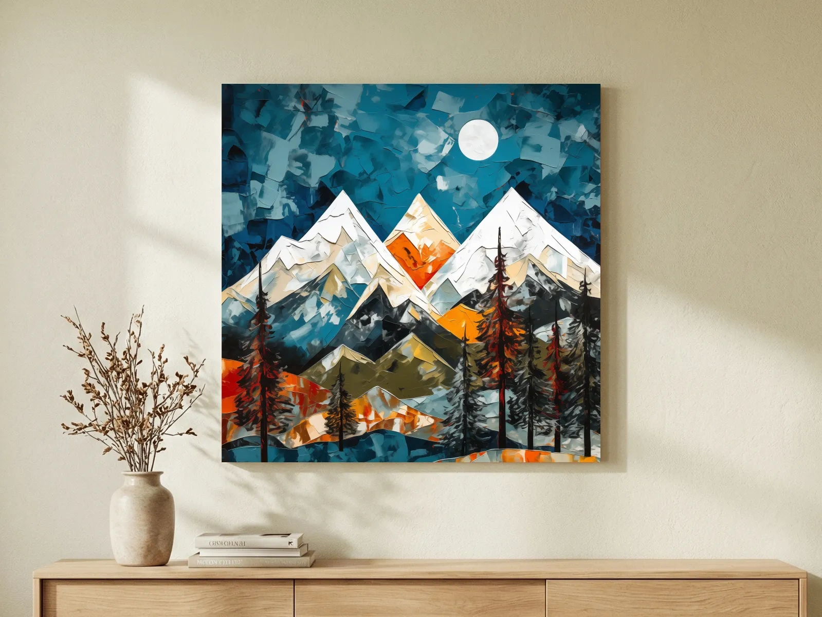 Abstract Impasto Style Mountain Nightscape - Moonlit Alpine Landscape Wall Art
