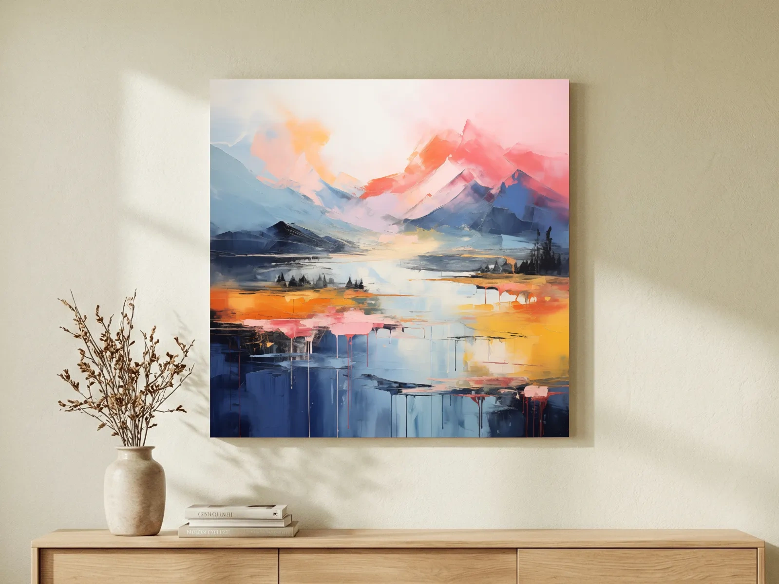 Vibrant Abstract Mountain Lake Sunset Painting - Colorful Modern Landscape Wall Art