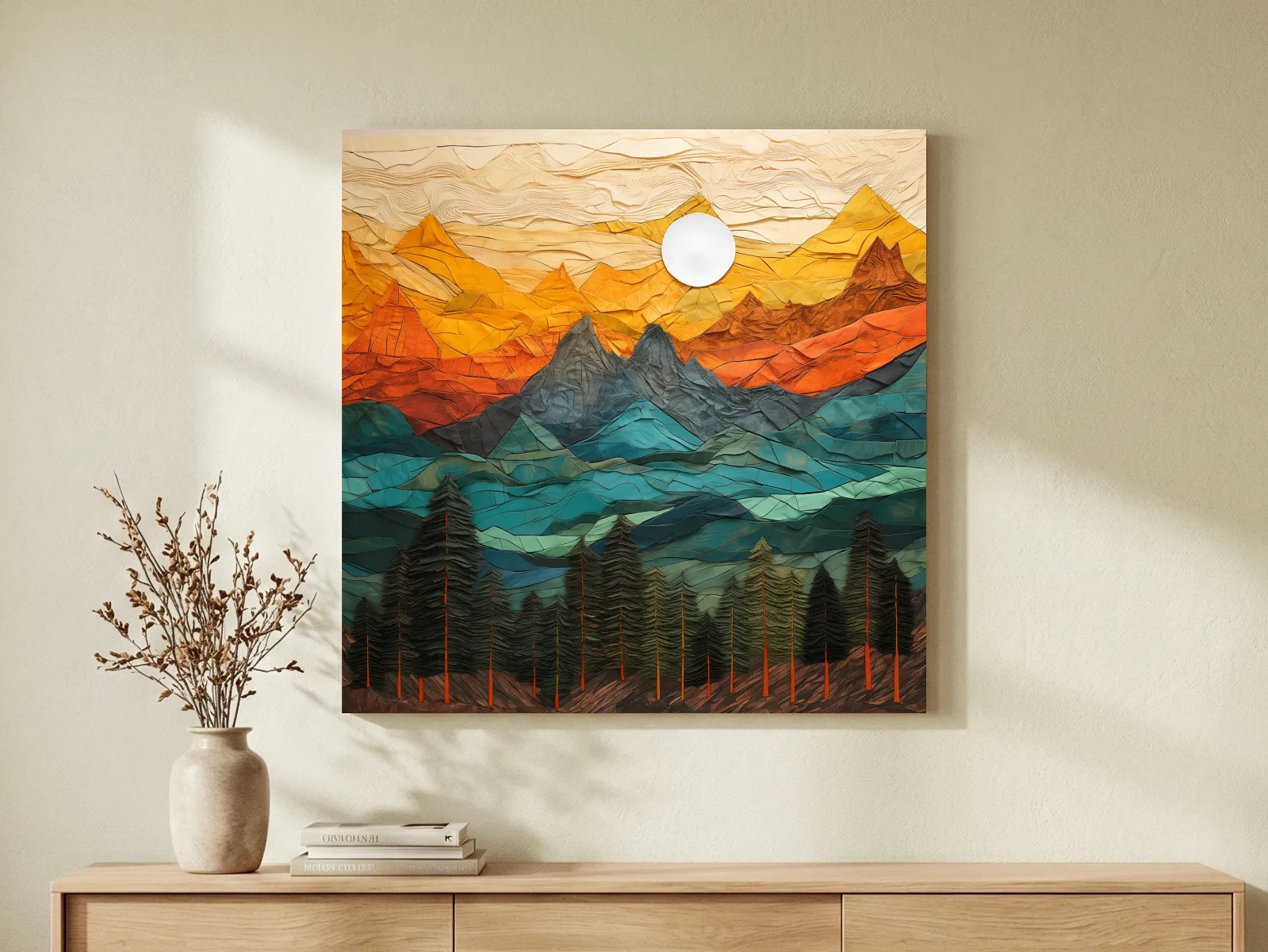 Layered Paper Cut Style Mountain Sunset - Colorful Abstract Forest Landscape Wall Art