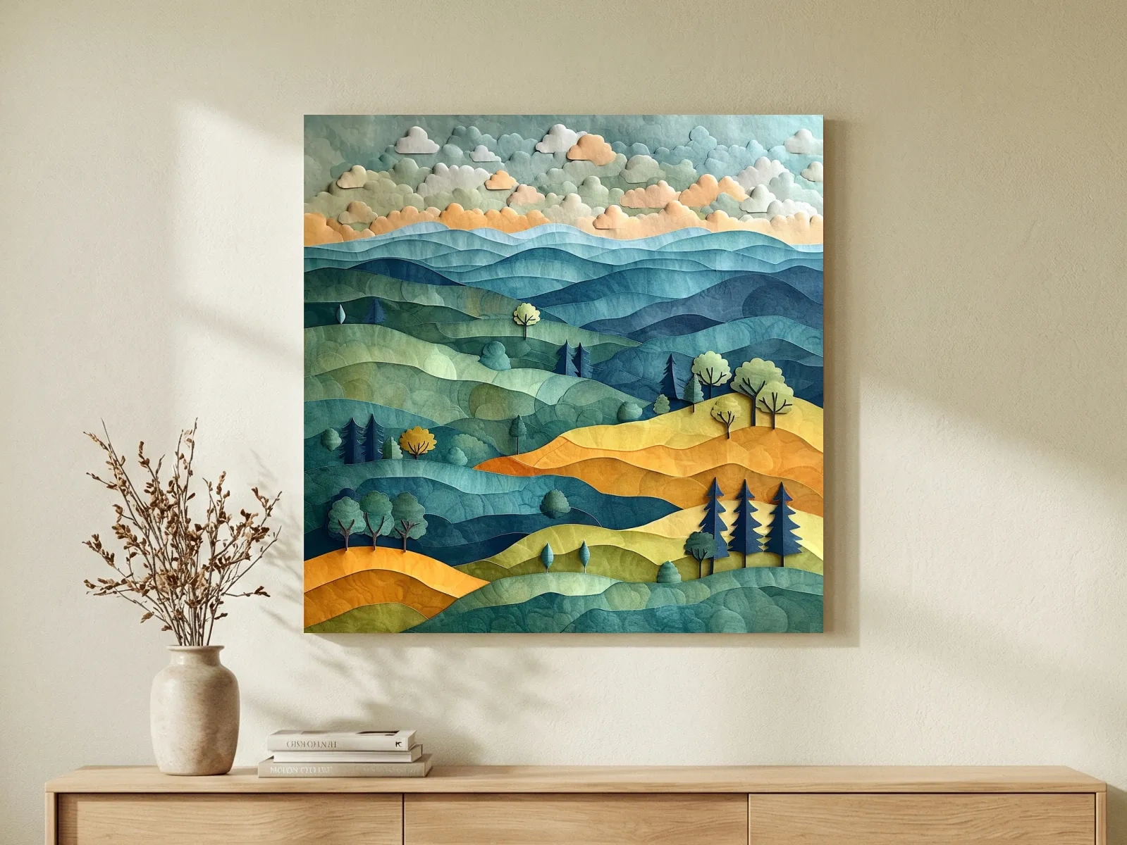 Layered Paper Cut Mountain Landscape - Mixed Media Forest Wall Art