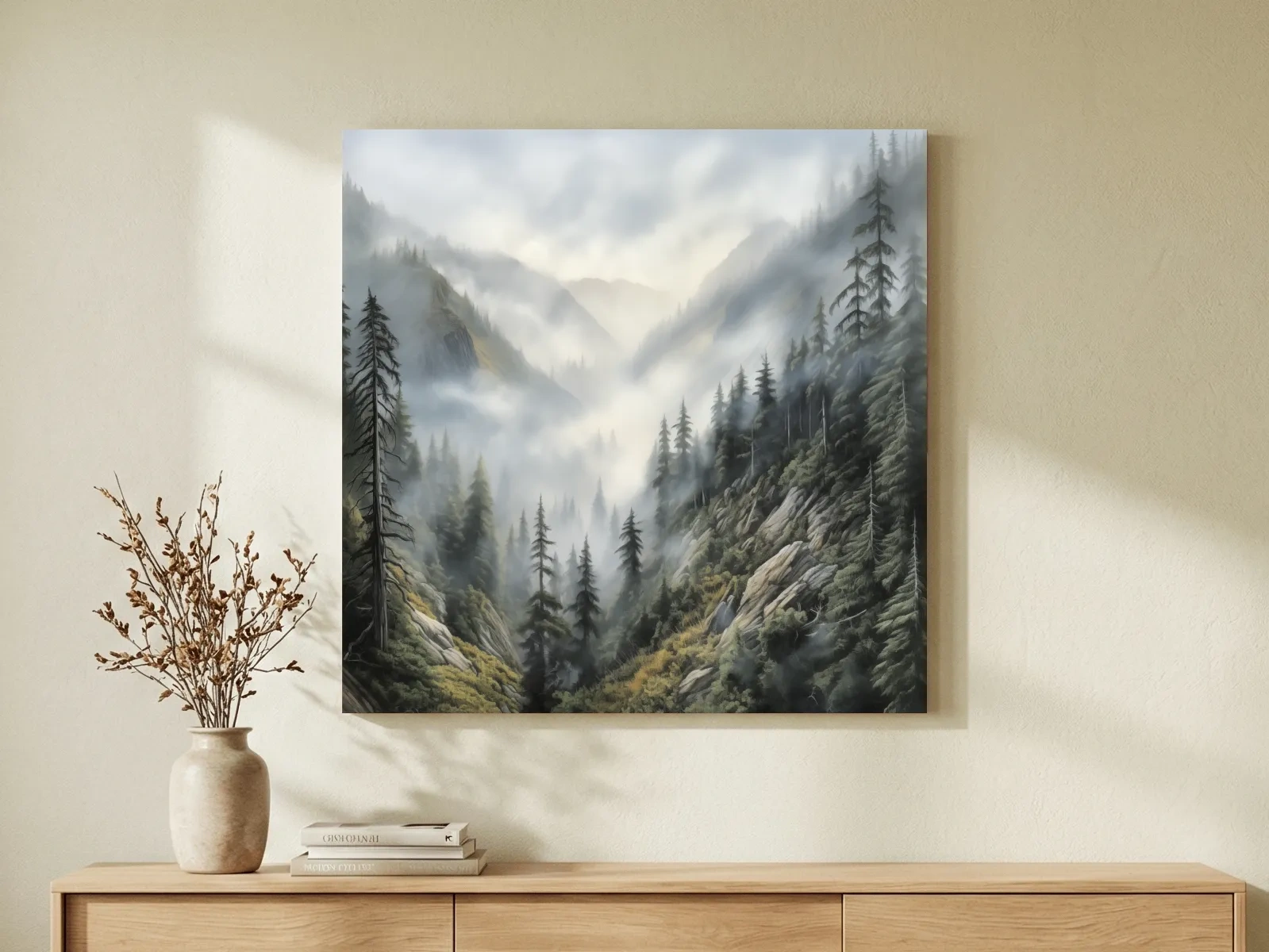 Misty Mountain Valley Pine Forest Painting - Foggy Alpine Landscape Wall Art
