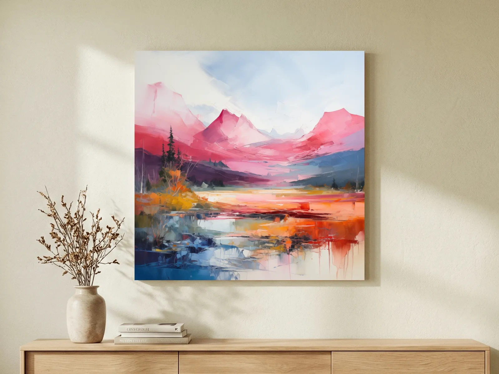Vibrant Abstract Impressionist Alpine Lake Sunset Painting - Colorful Mountain Wall Art