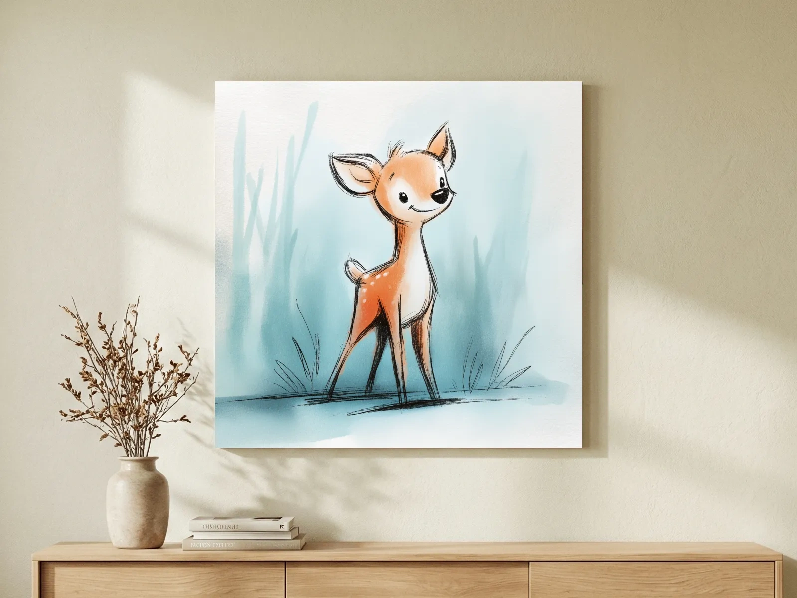 Cute Baby Deer Watercolor Illustration - Whimsical Woodland Nursery Wall Art