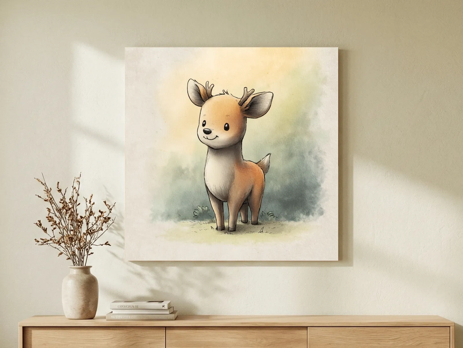 Cute Baby Deer Watercolor Illustration - Whimsical Woodland Nursery Wall Art