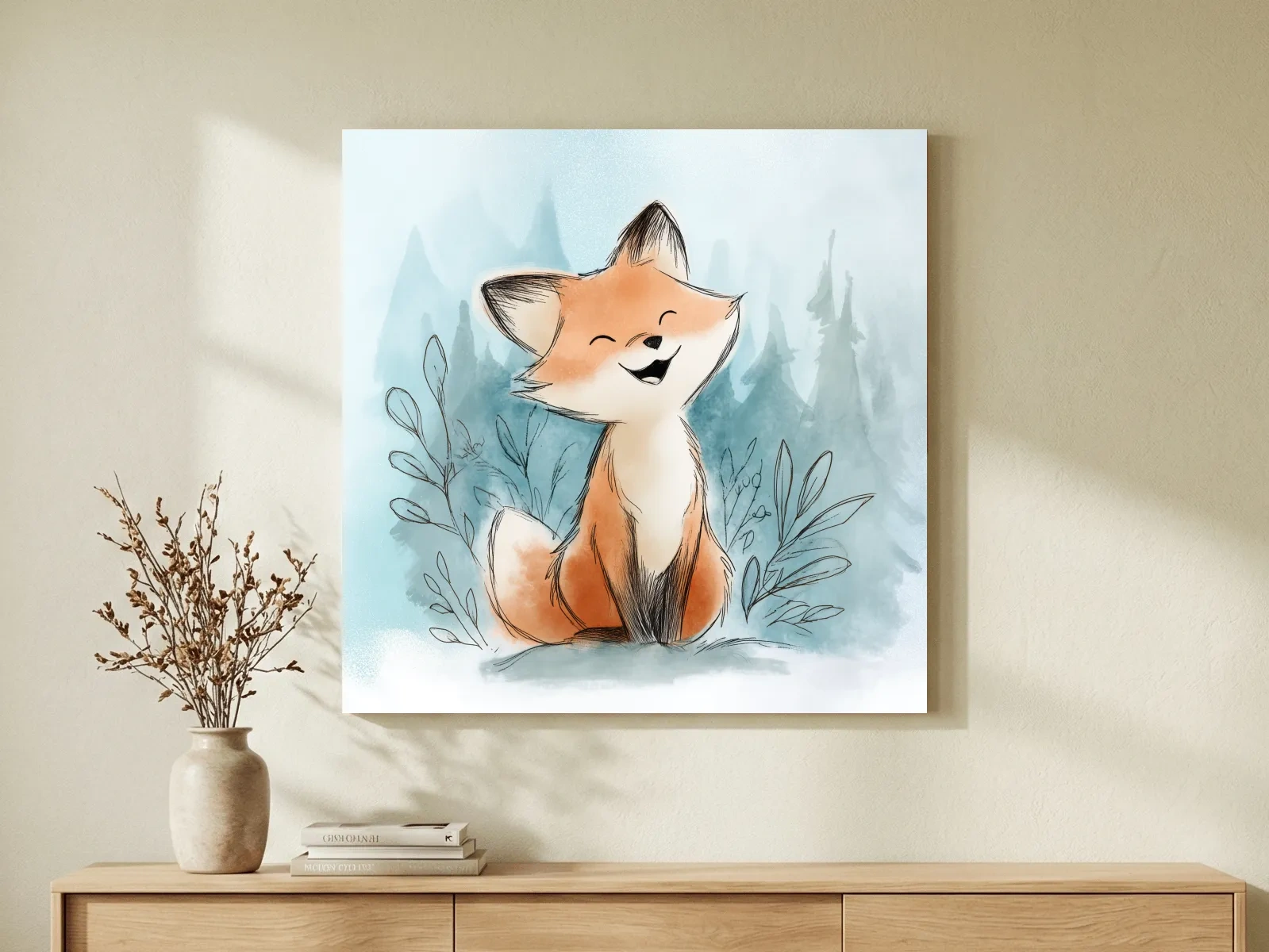 Whimsical Watercolor Fox Cub Illustration - Cute Woodland Nursery Wall Art
