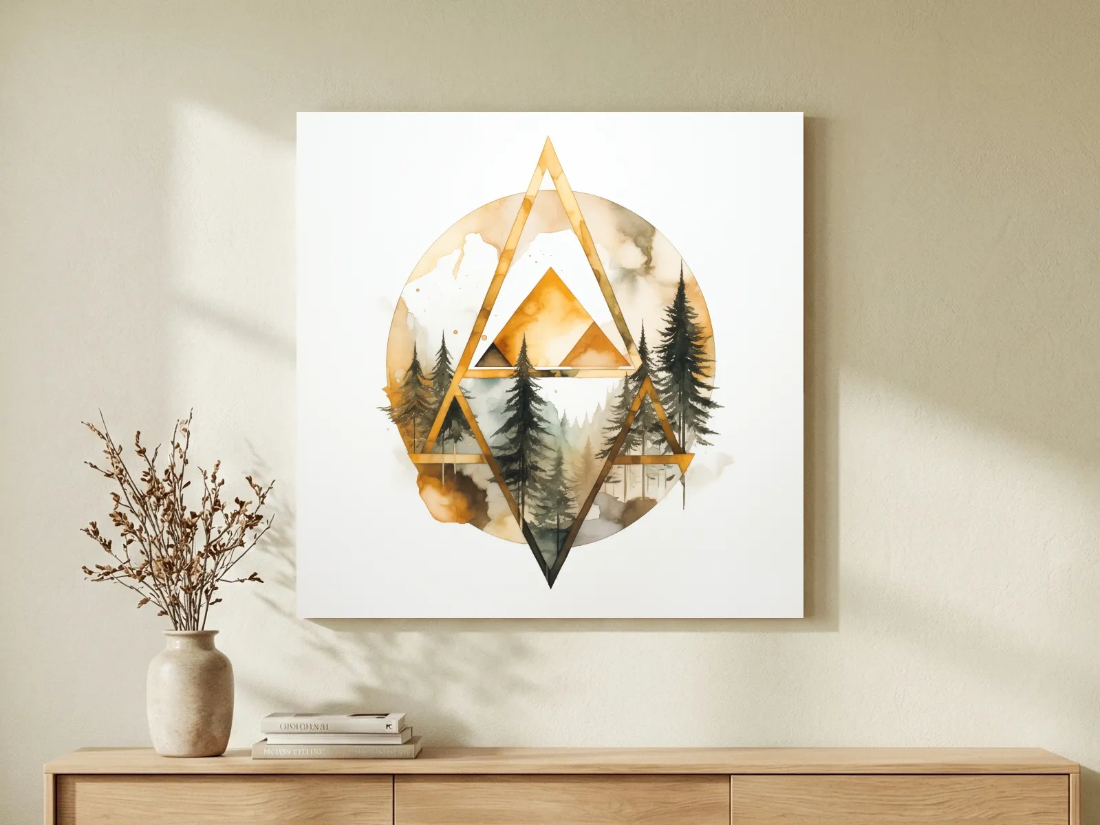 Rustic Elegant Watercolor Mountain Pine Forest - Abstract Golden Geometric Nature Wall Art