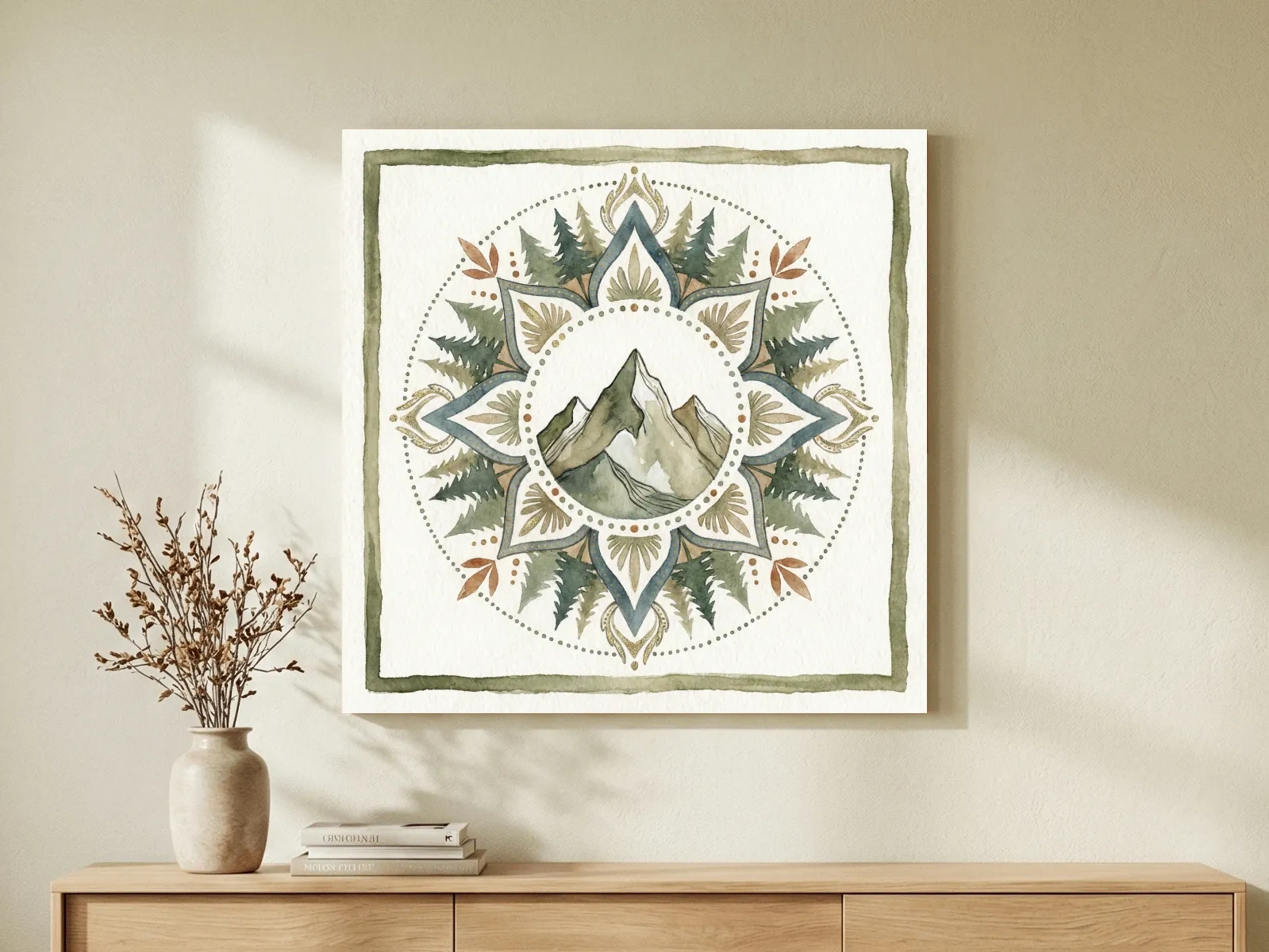 Mountain Mandala Watercolor - Boho Botanical Nature Wall Art