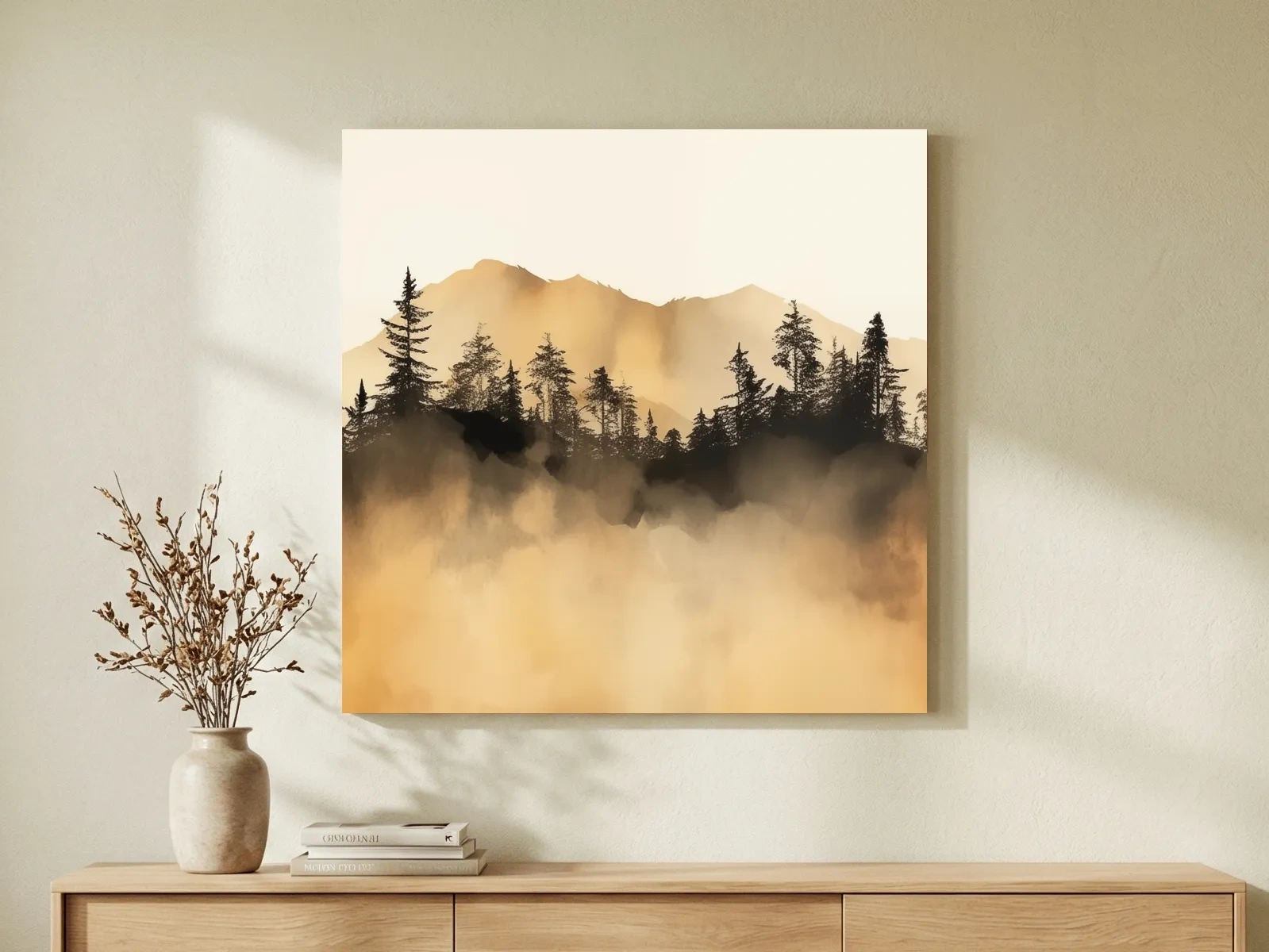 Misty Golden Mountain Pine Forest - Sepia Watercolor Landscape Wall Art