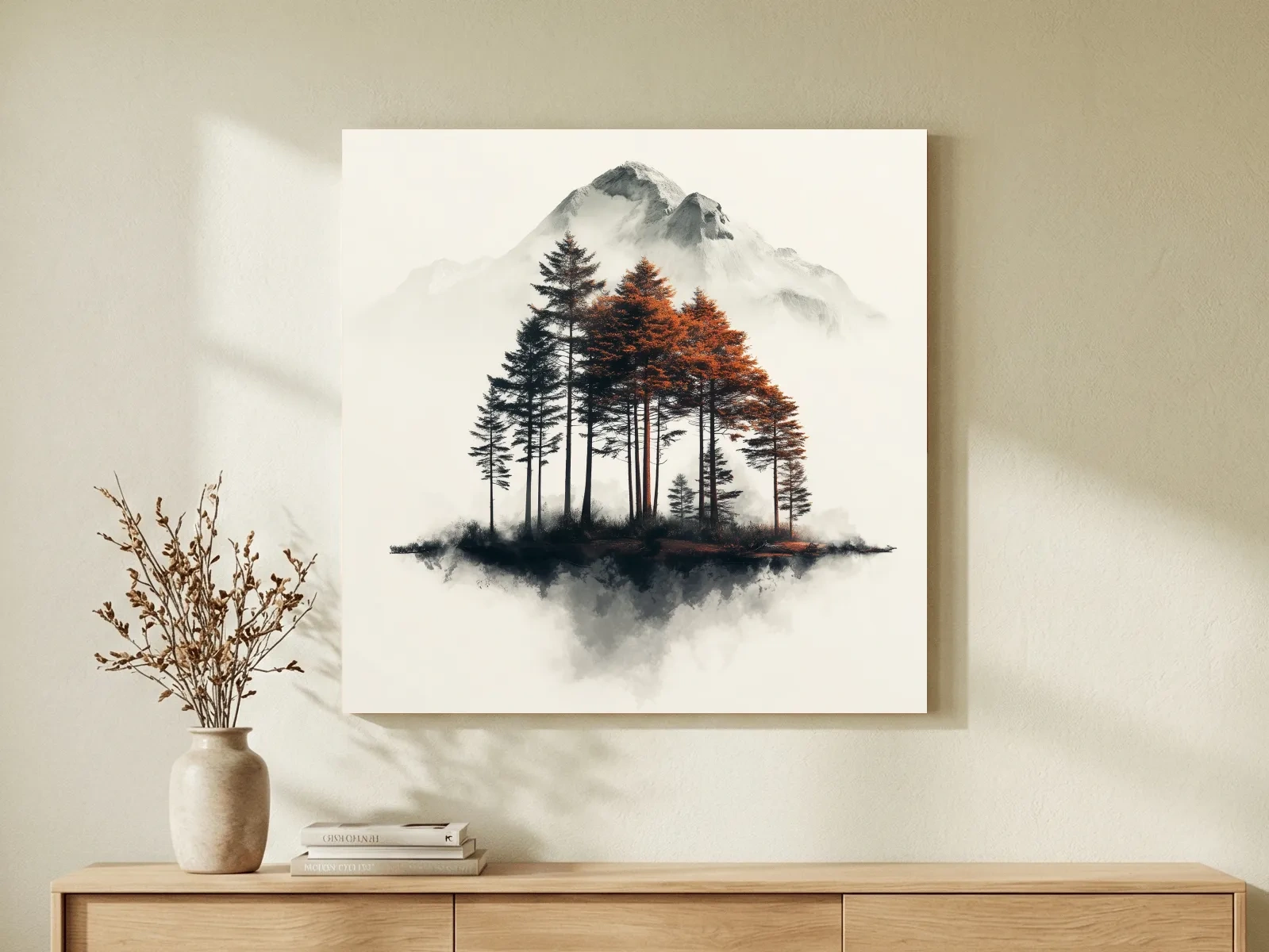 Misty Mountain Pine Forest Watercolor - Autumn Landscape Wall Art
