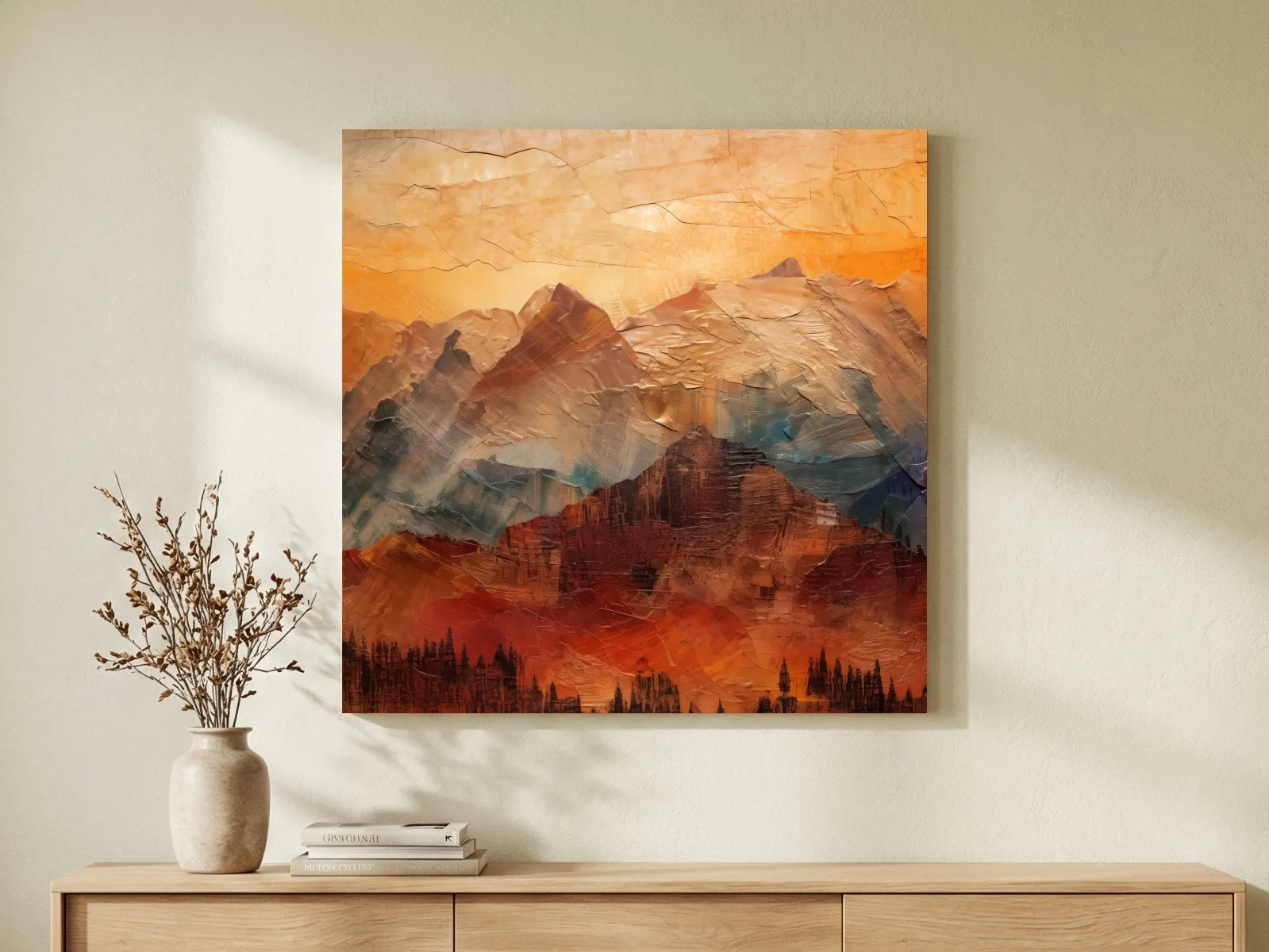 Impasto Style Abstract Mountain Range Sunset - Warm Rustic Landscape Wall Art