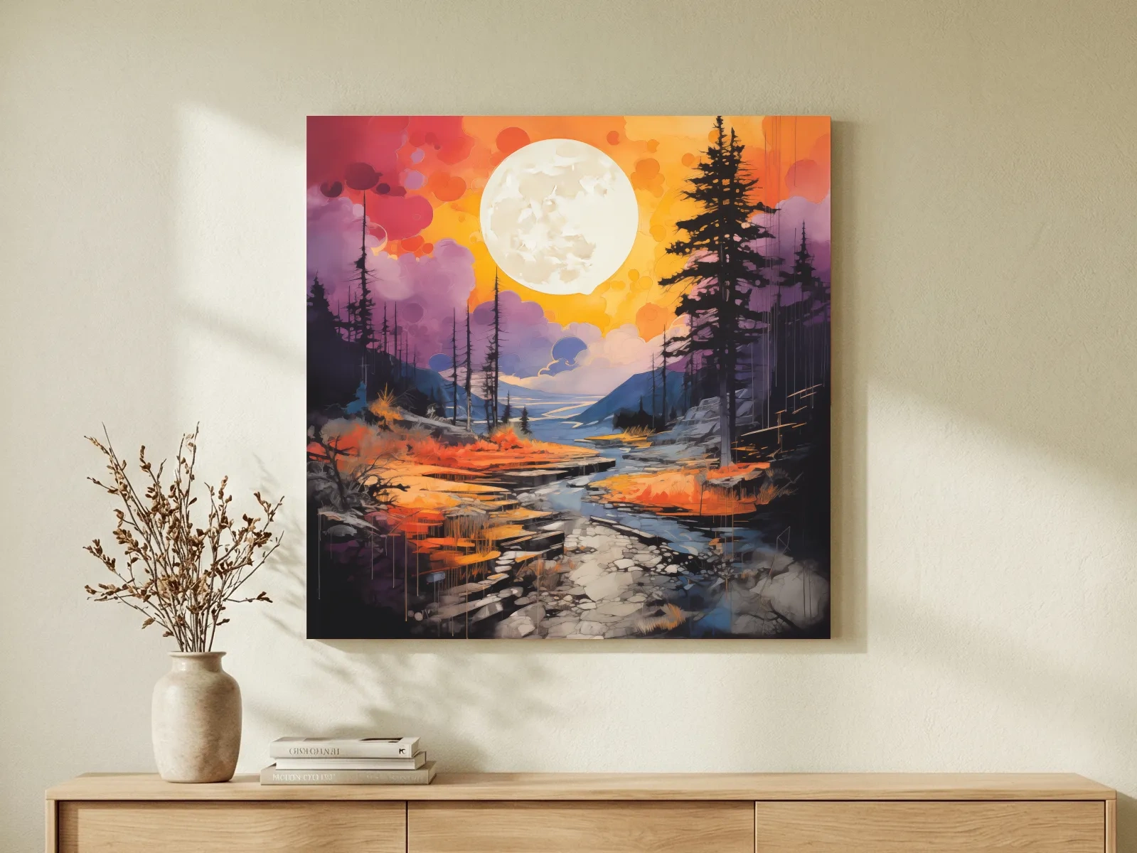 Vibrant River Valley Landscape Illustration - Abstract Sunset Forest Wall Art