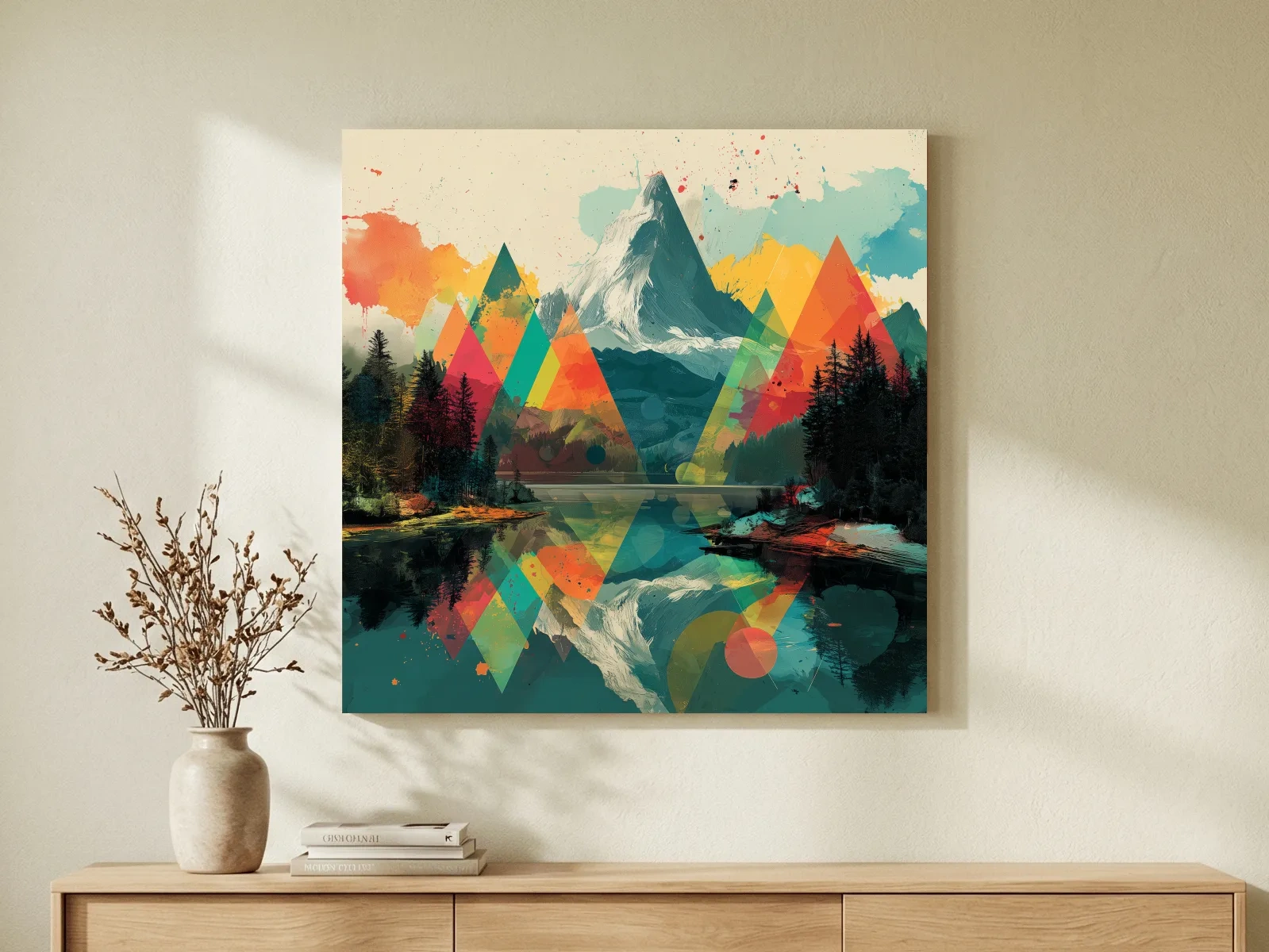 Vibrant Abstract Mountain Lake Collage Art - Colorful Alpine Wall Art