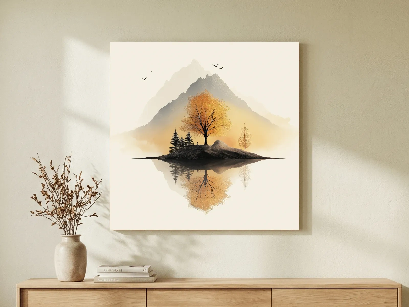 Minimalist Misty Mountain Lake Illustration - Serene Autumn Tree Landscape Wall Art