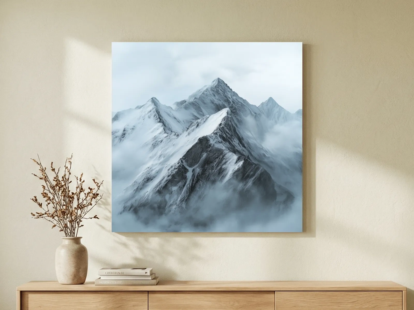 Misty Snowcapped Alpine Peak Landscape - Monochrome Photographic Mountain Wall Art