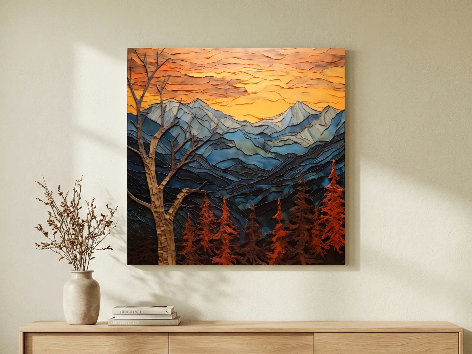 Layered Paper Cut Alpine Mountain Sunset - Mixed Media 3D Landscape Wall Art
