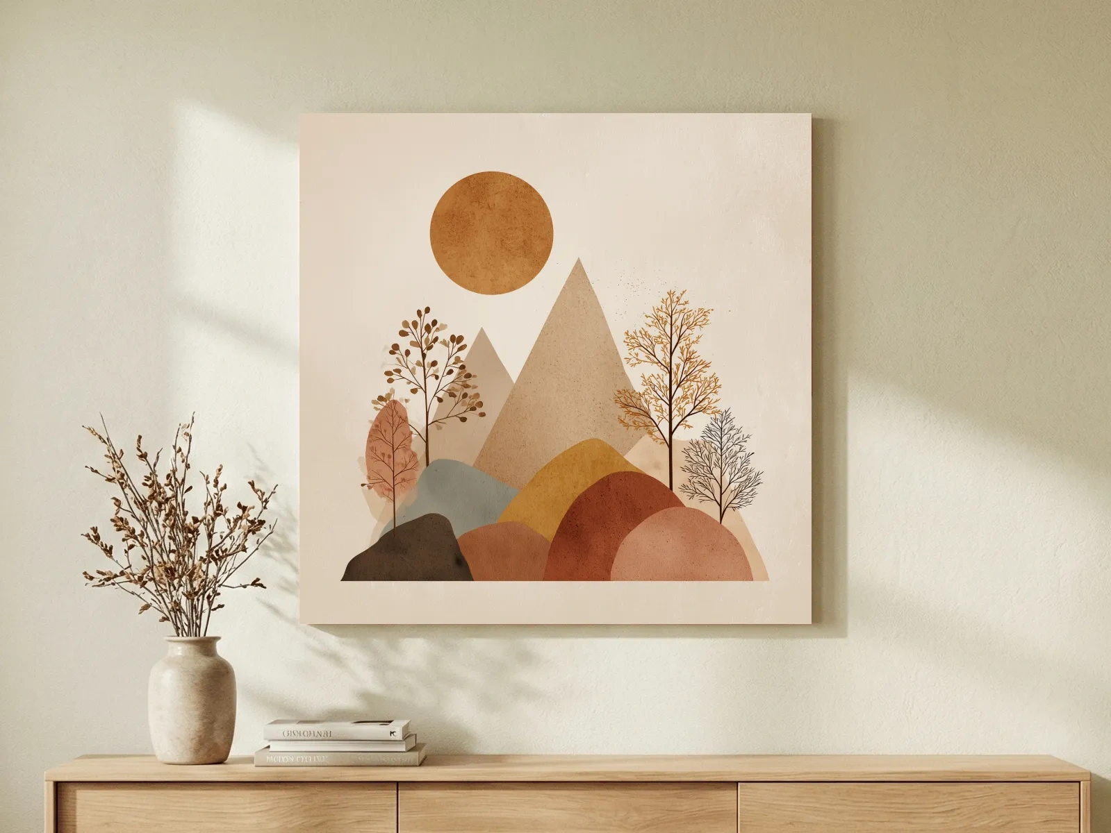 Minimalist Scandi Mountain Sunset Landscape - Boho Neutral Earth Tone Wall Art