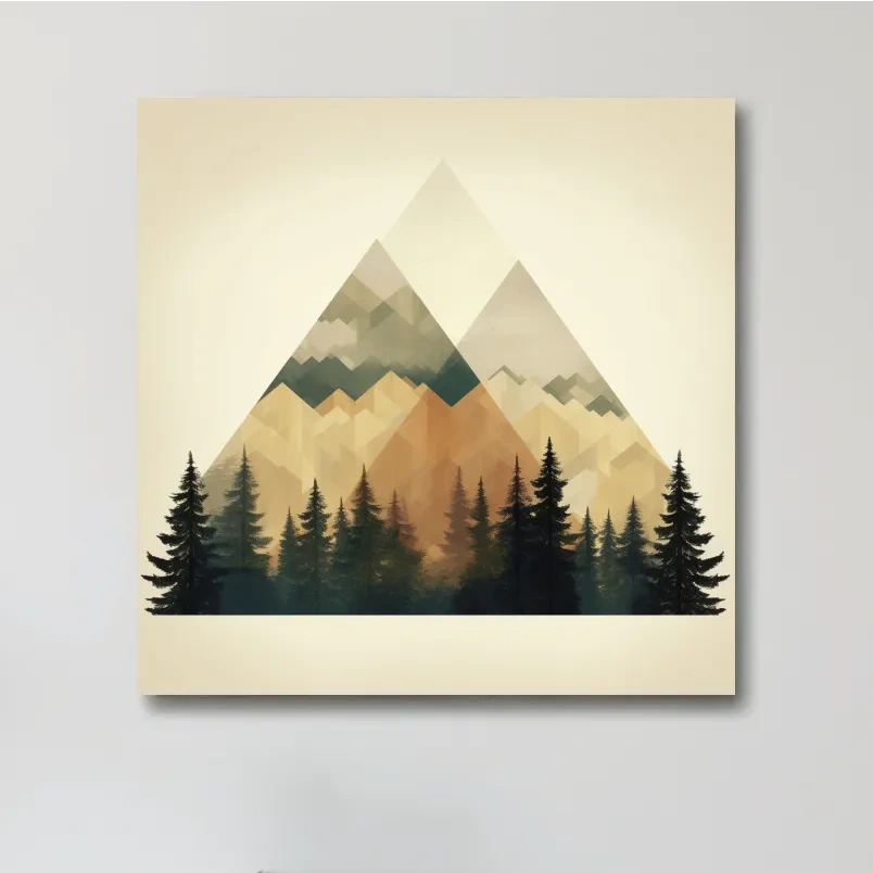 Geometric Mountain Peaks With Pine Forest - Minimalist Scandinavian Alpine Artwork