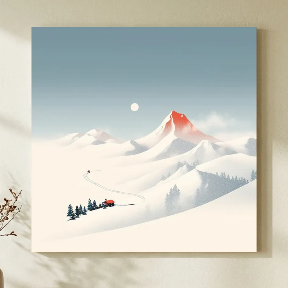 Minimalist Snowy Mountain Cabin Landscape - Nordic Winter Wall Art