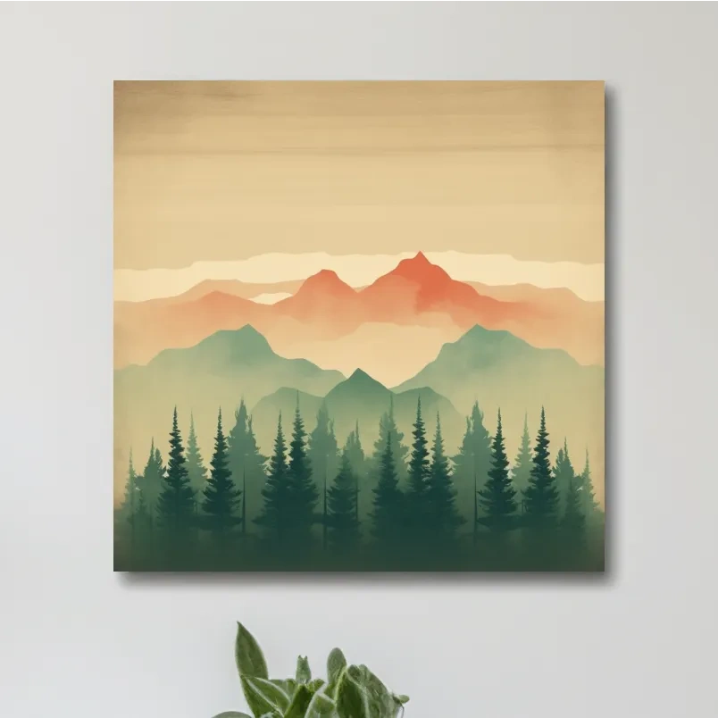 Minimal mountain artwork, treeline in the alpine mist