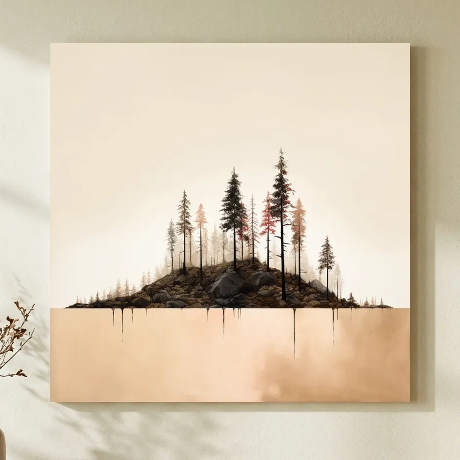 Minimalist Pine Forest Lake Illustration - Scandinavian Landscape Artwork