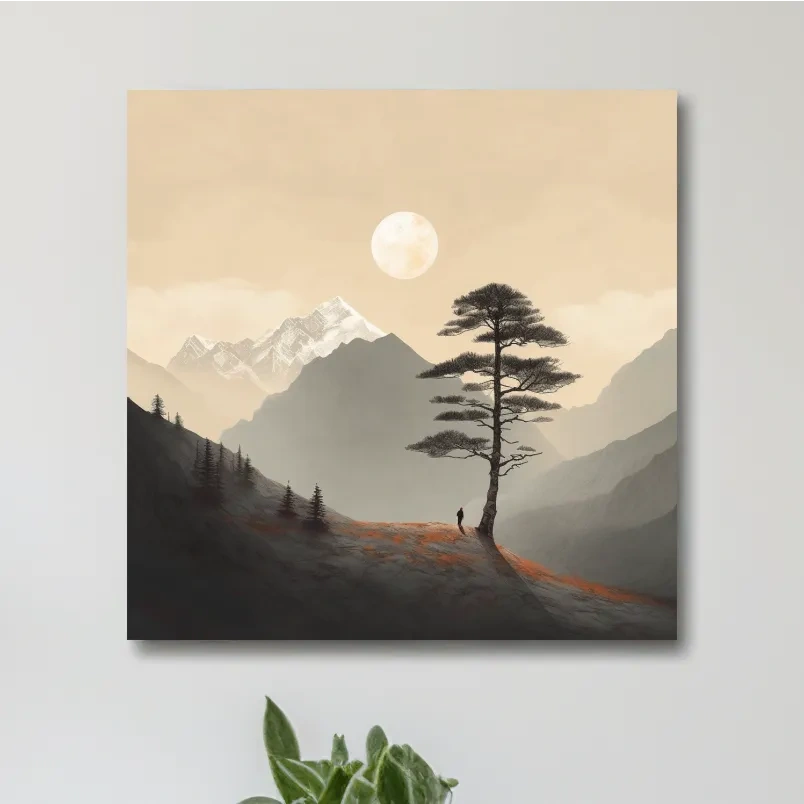 Minimal mountain art, lonely tree