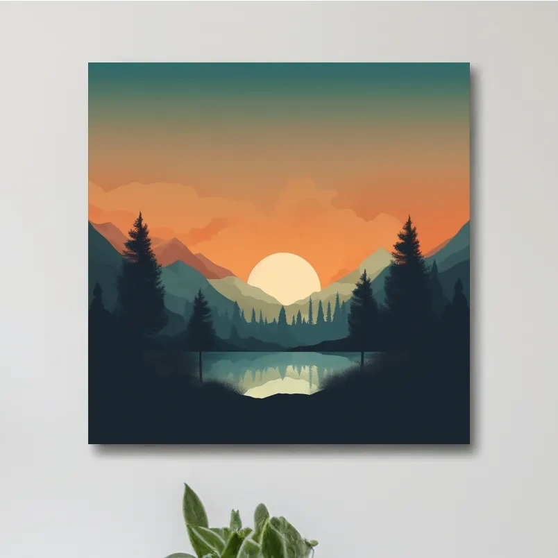 Minimalist Sunset Mountain Lake Reflection - Serene Scandinavian Artwork