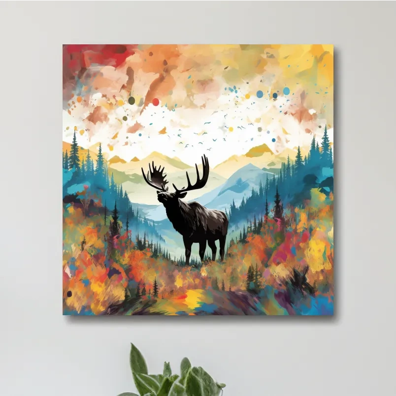 Abstract splattered painting of a large moose