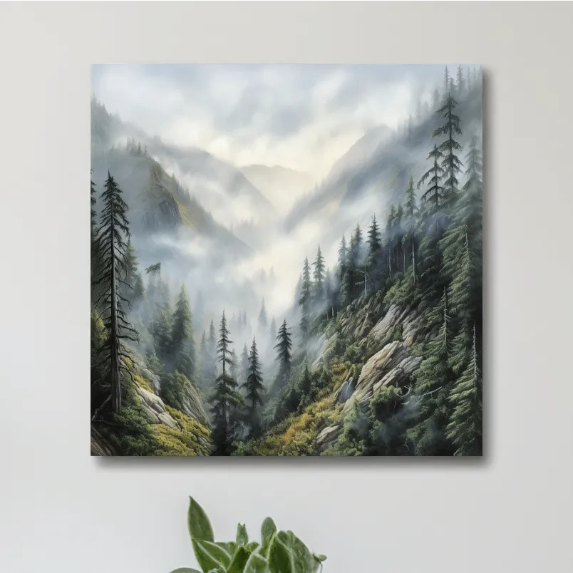 Painting of fog rolling through the mountains and trees