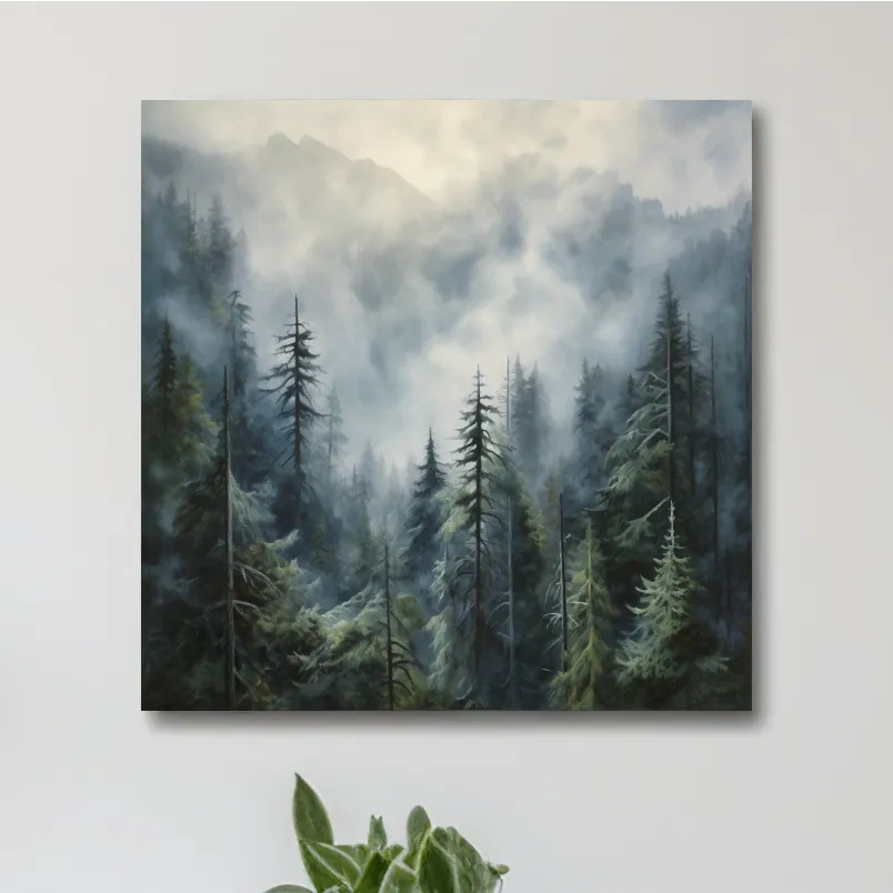 Moody Misty Pine Forest Mountains - Atmospheric Landscape Painting Wall Art