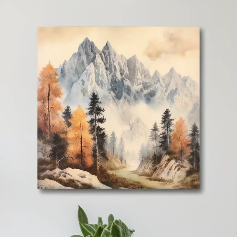 Watercolour painting of mountains and trees
