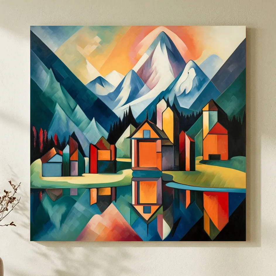 Abstract painting of a mountain town by a glacier