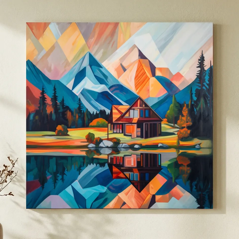 Vibrant Geometric Mountain Cabin Lake Reflection - Abstract Sunrise Wall Art