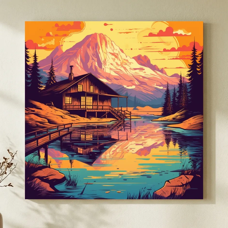 Colourful illustration of a cabin by an alpine lake at sunset