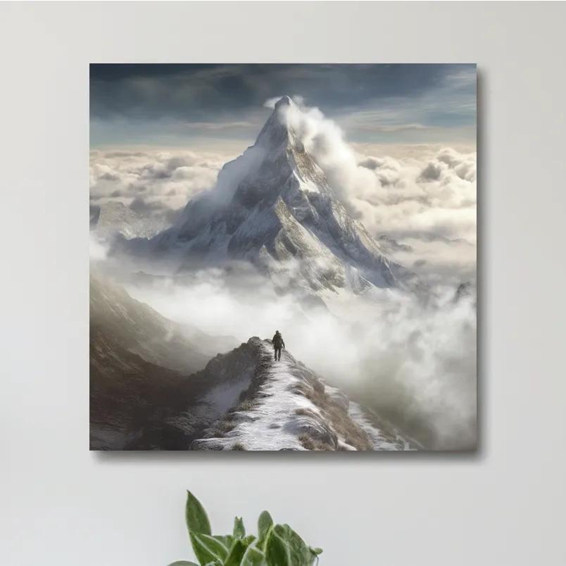 Painting of a person walking along a high alpine ridge