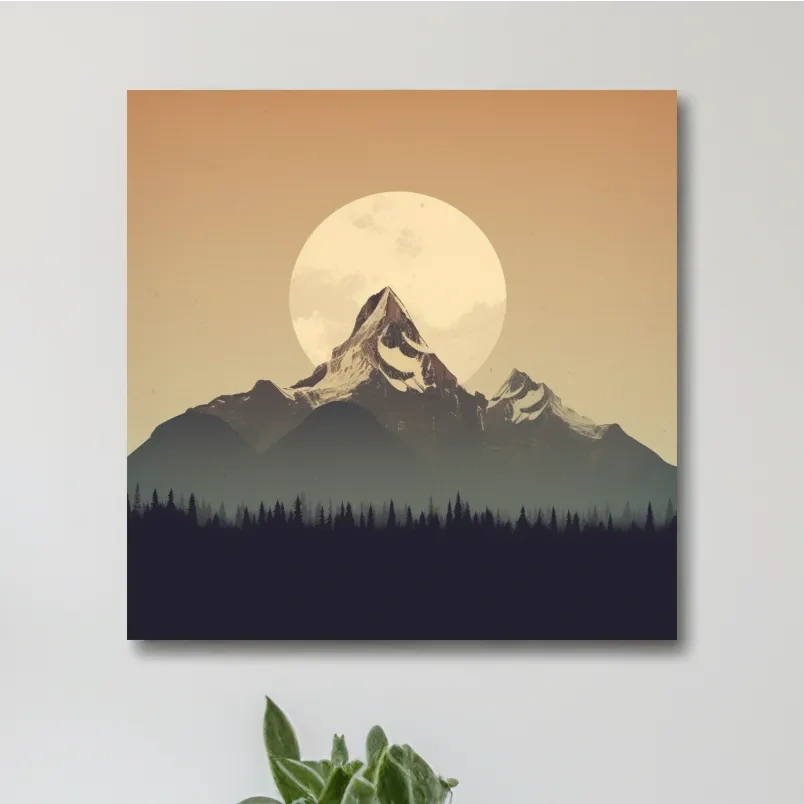 Graphical art of the moon behind a large mountain, minimalist mountain wall art