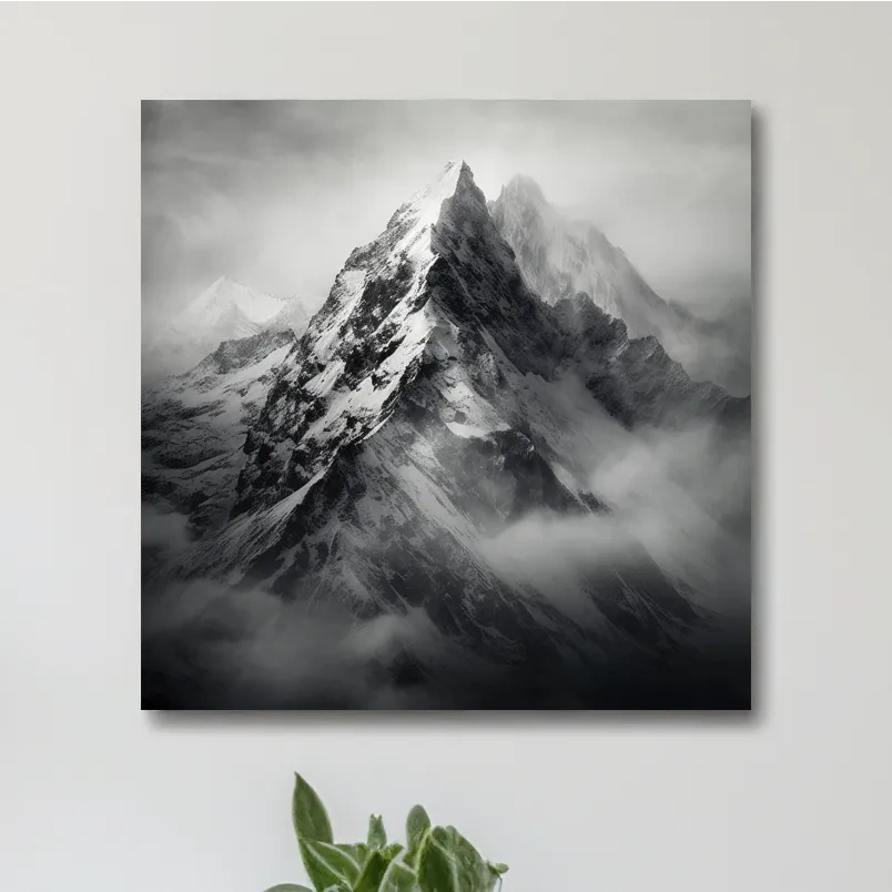 Photographic art, ominous snowy peaks in the clouds