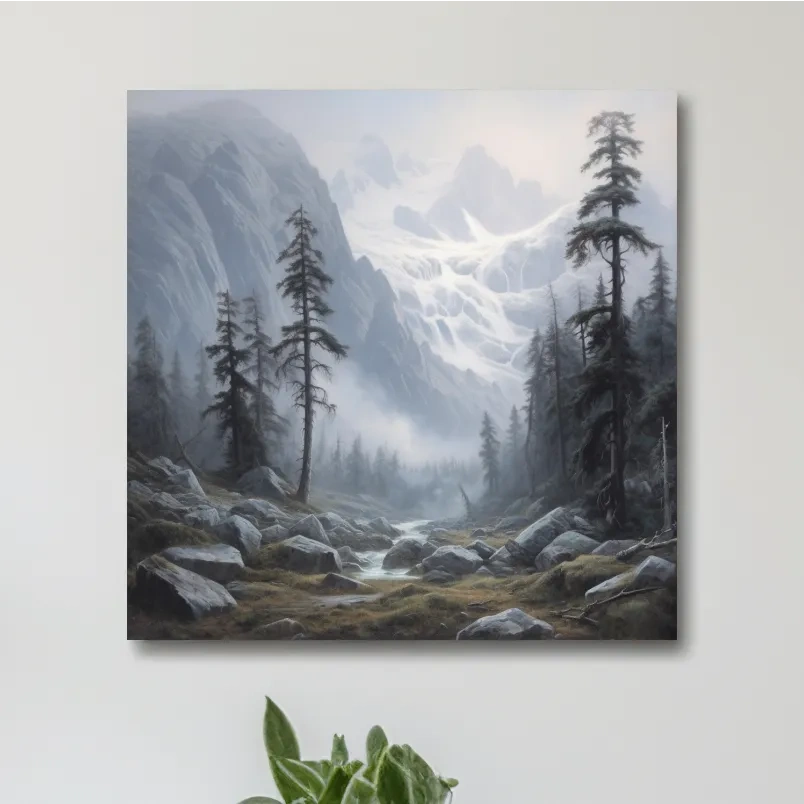 Misty Alpine Glacier Valley Landscape - Mountain Forest Painting Wall Art