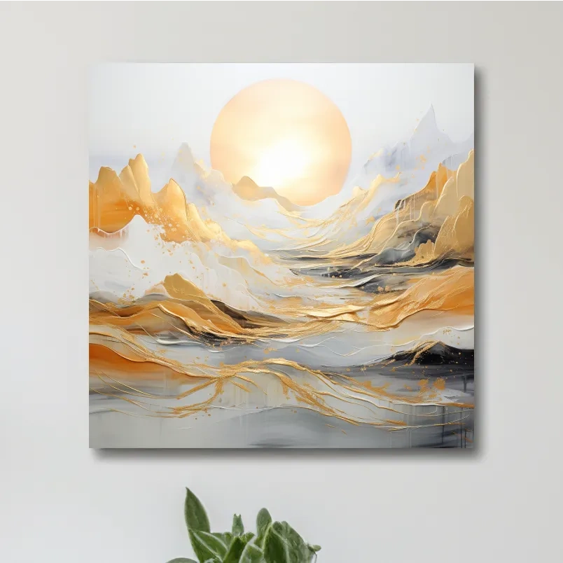 Mountain landscape art, gold leaf painting style