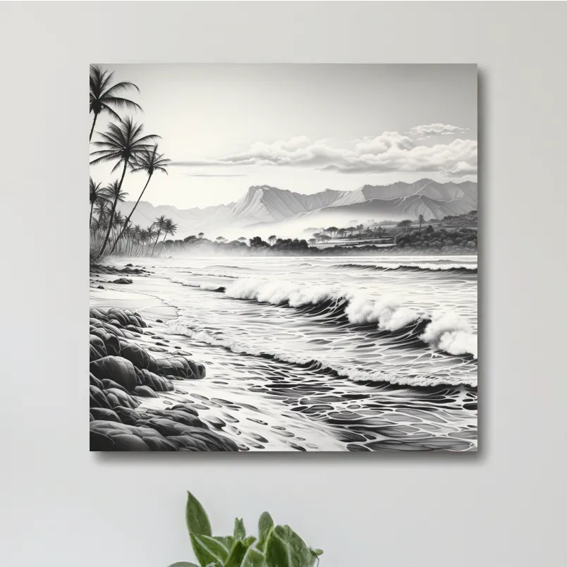 Black and white drawing of a tropical beach mountain scene