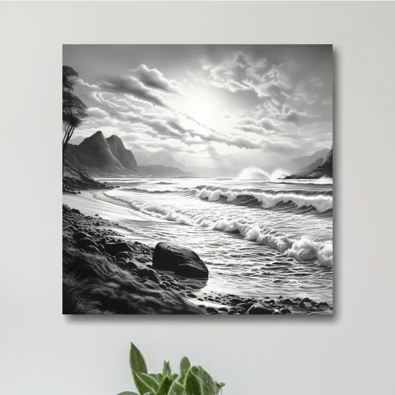 Black and white drawing of a sunny beach scene