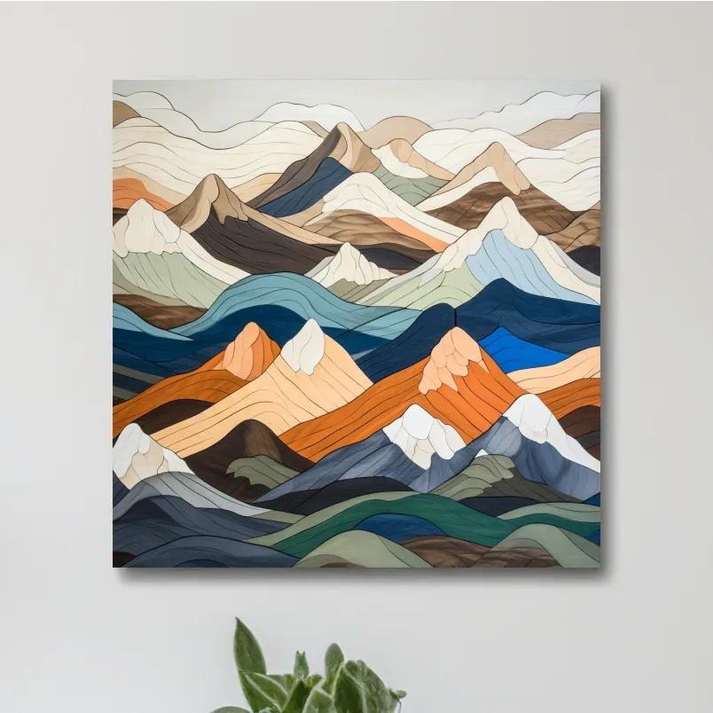 Wooden art, snow mountain peaks