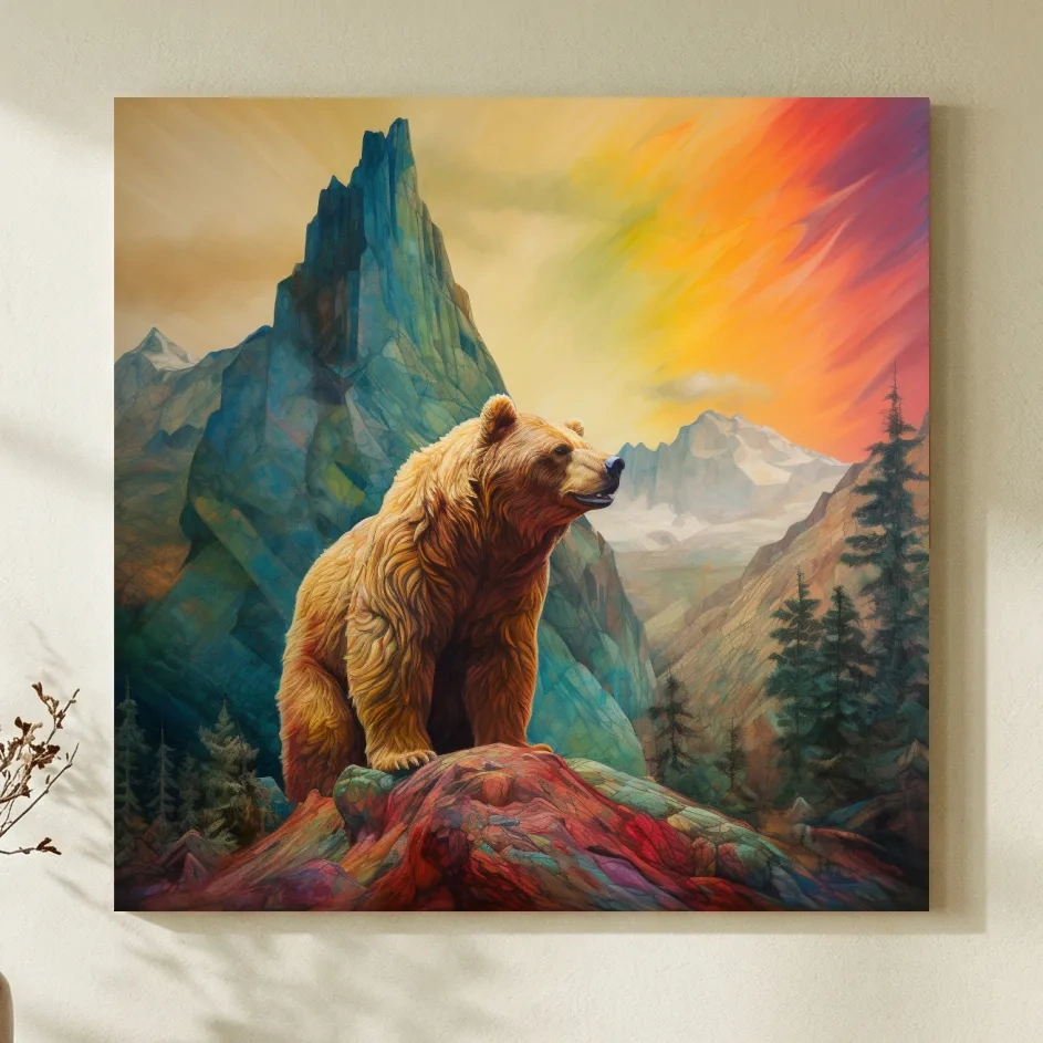 Majestic Grizzly Bear Mountain Landscape - Vibrant Painting Style Wildlife Wall Art