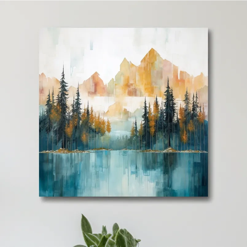 Abstract Watercolor Alpine Lake Reflection - Misty Mountain Forest Wall Art