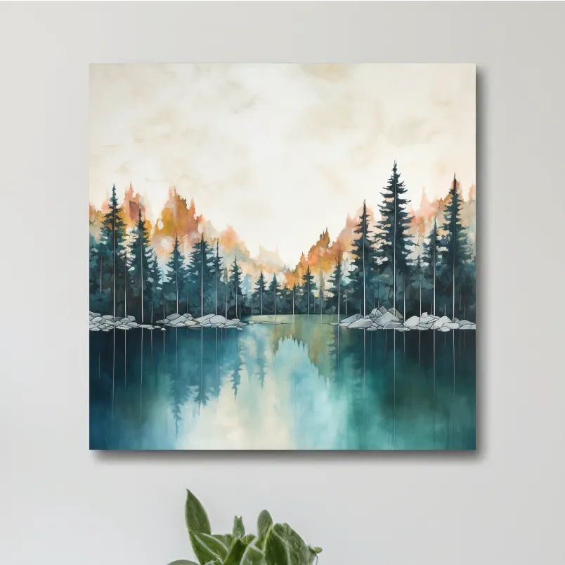 Misty Forest Lake Watercolor Painting - Serene Landscape Wall Art