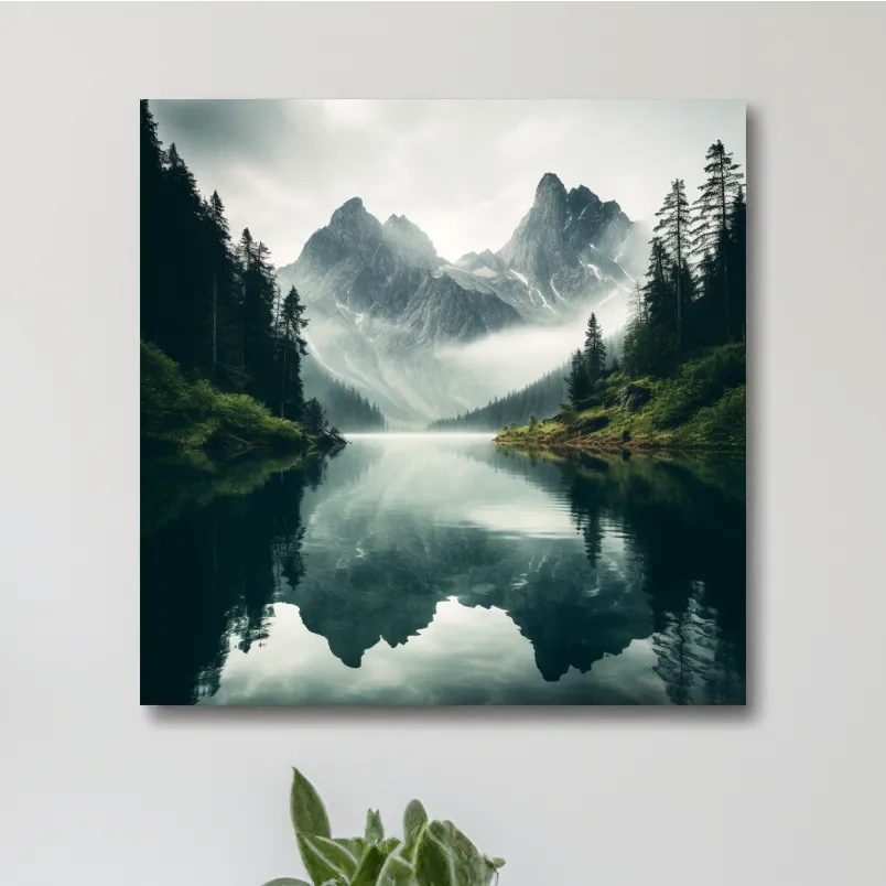 Misty Alpine Mountain Lake Reflection - Moody Pine Forest Photographic Wall Art